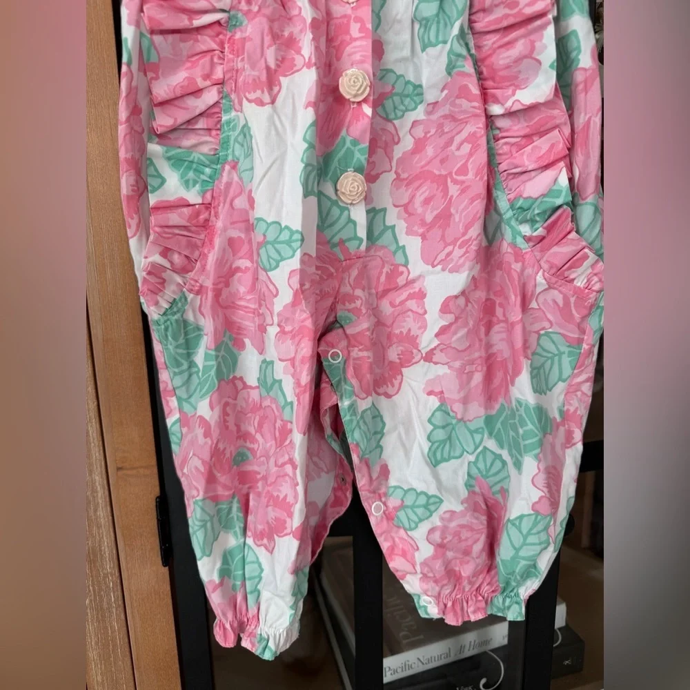 Vintage 80s floral jumpsuit baby girl bows roses coverall romper quirky colorful
